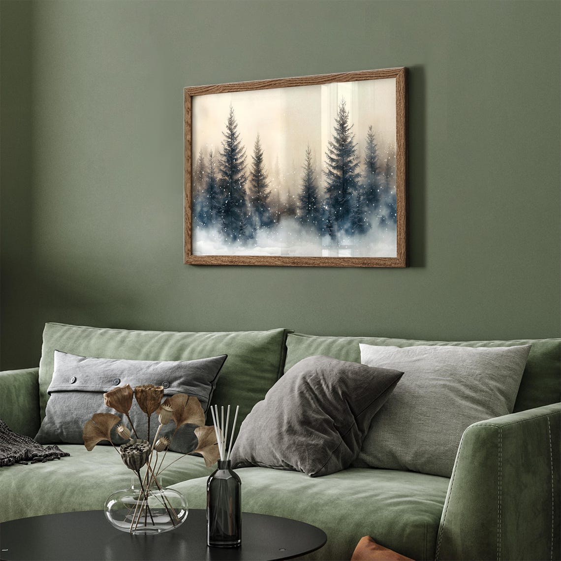 Misty Pine Trees in Falling Snow Dark Blue Vintage Frame TV Poster - Image 4