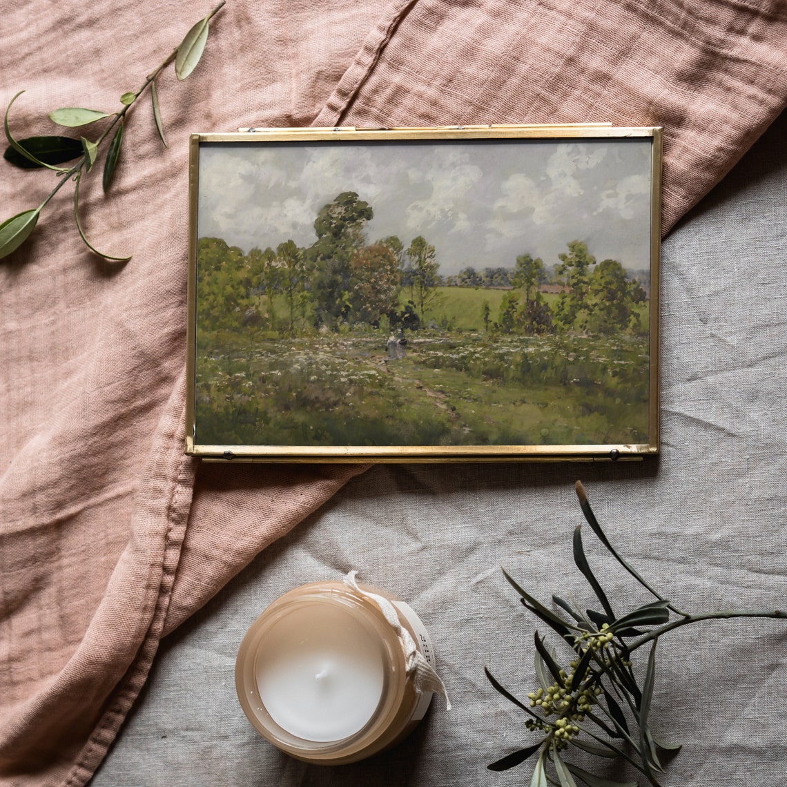 Vintage Spring Meadow Landscape Trees Under Cloudy Sky Art Poster - Image 5