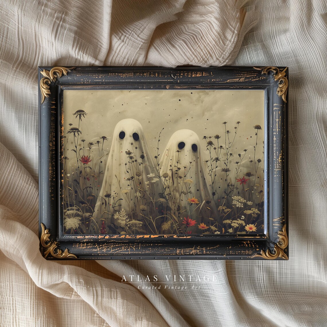 Two Cute Ghosts in Wildflower Meadow Vintage Halloween Fall Floral Art Poster - Image 7