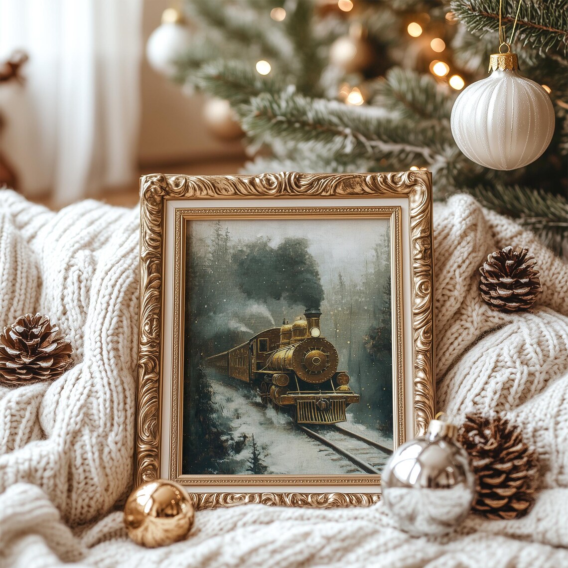 Vintage Golden Steam Train Christmas Poster Snowy Railroad Locomotive - Image 6