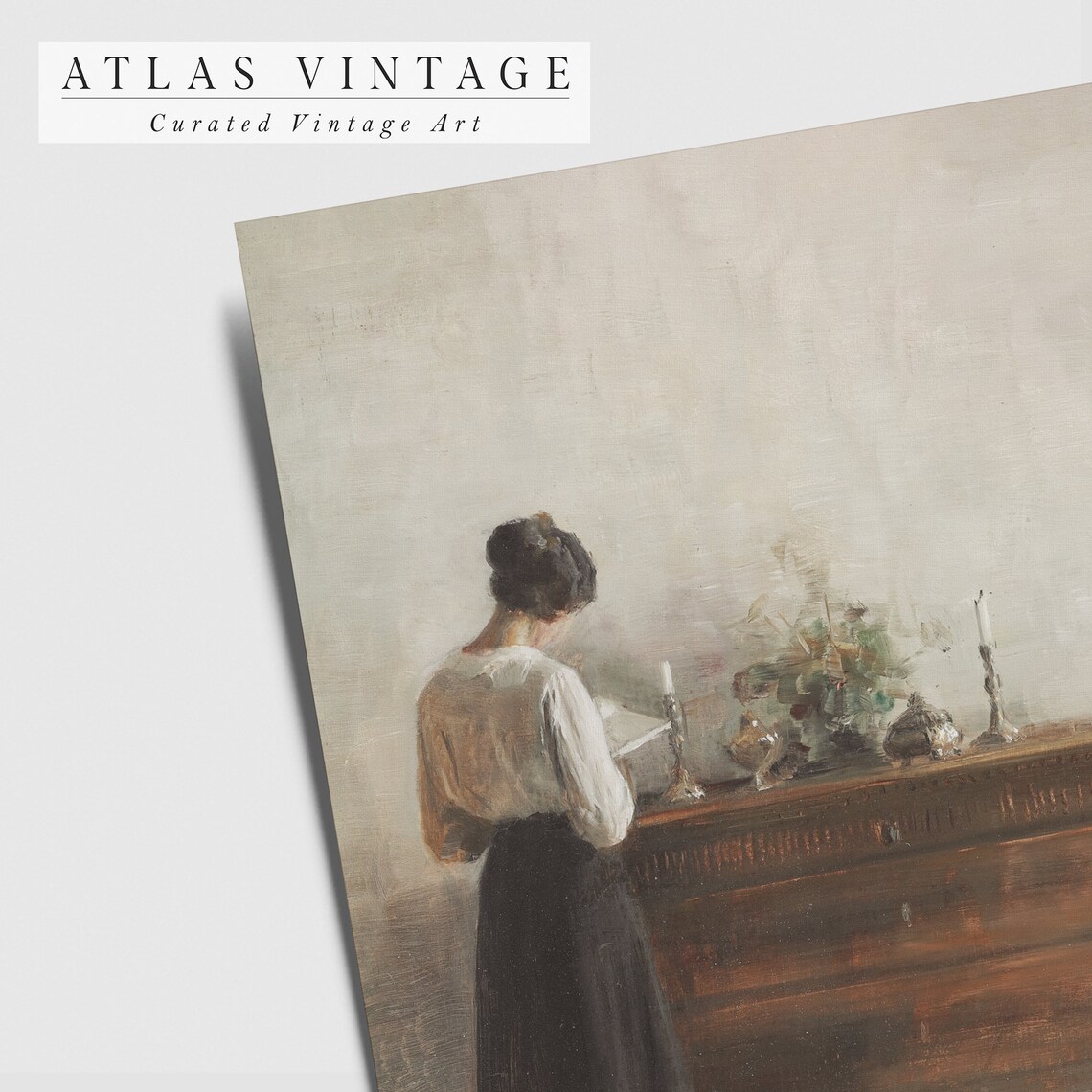 Woman Reading Letter at Antique Sideboard Vintage Interior Poster - Image 8