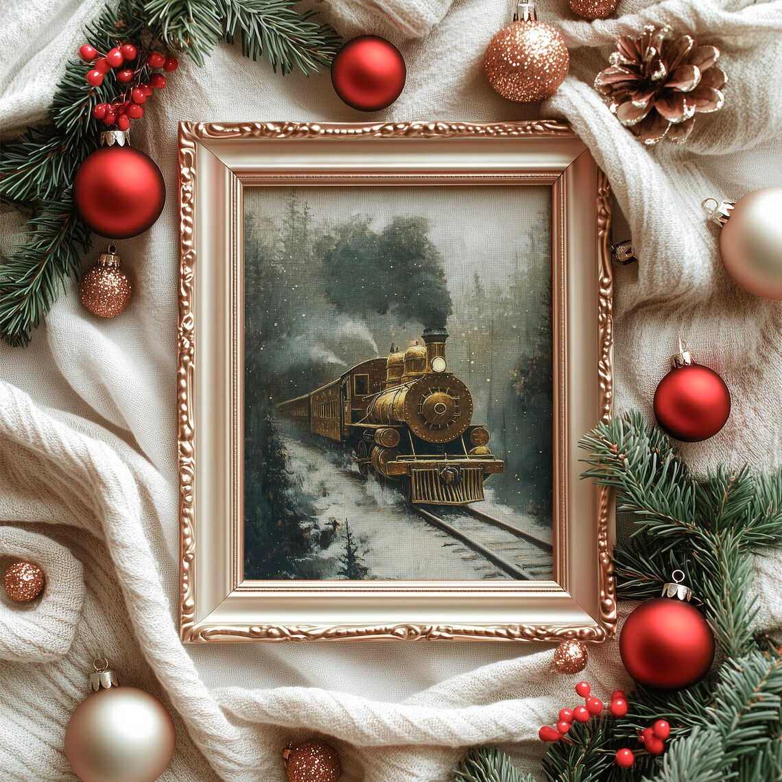Vintage Golden Steam Train Christmas Poster Snowy Railroad Locomotive - Image 7