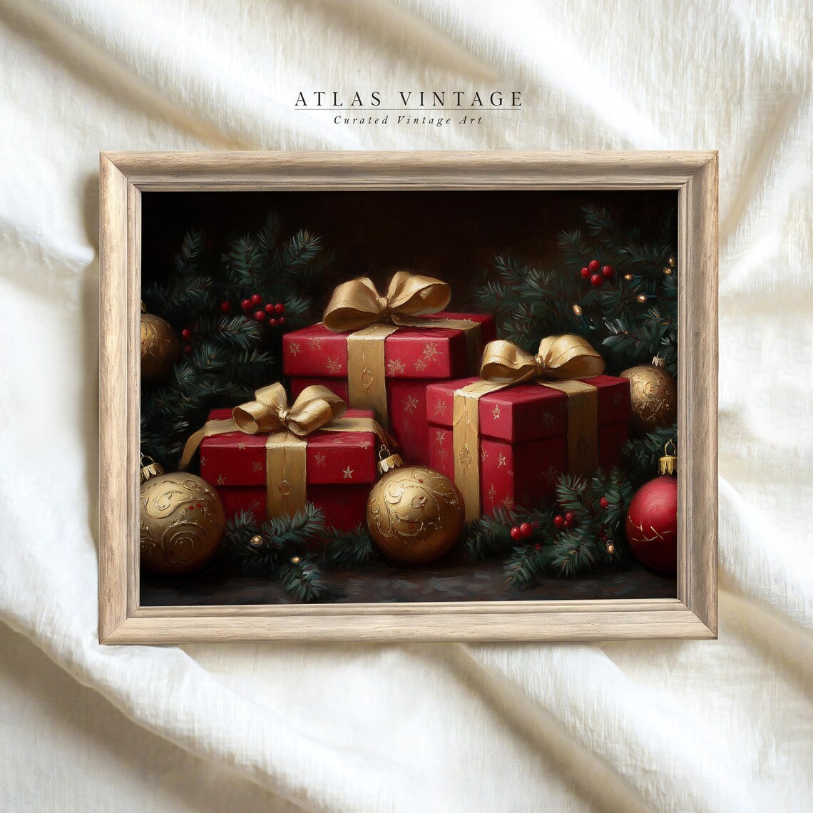 Red Christmas Gifts Gold Bows Vintage Holiday Still Life Poster - Image 4