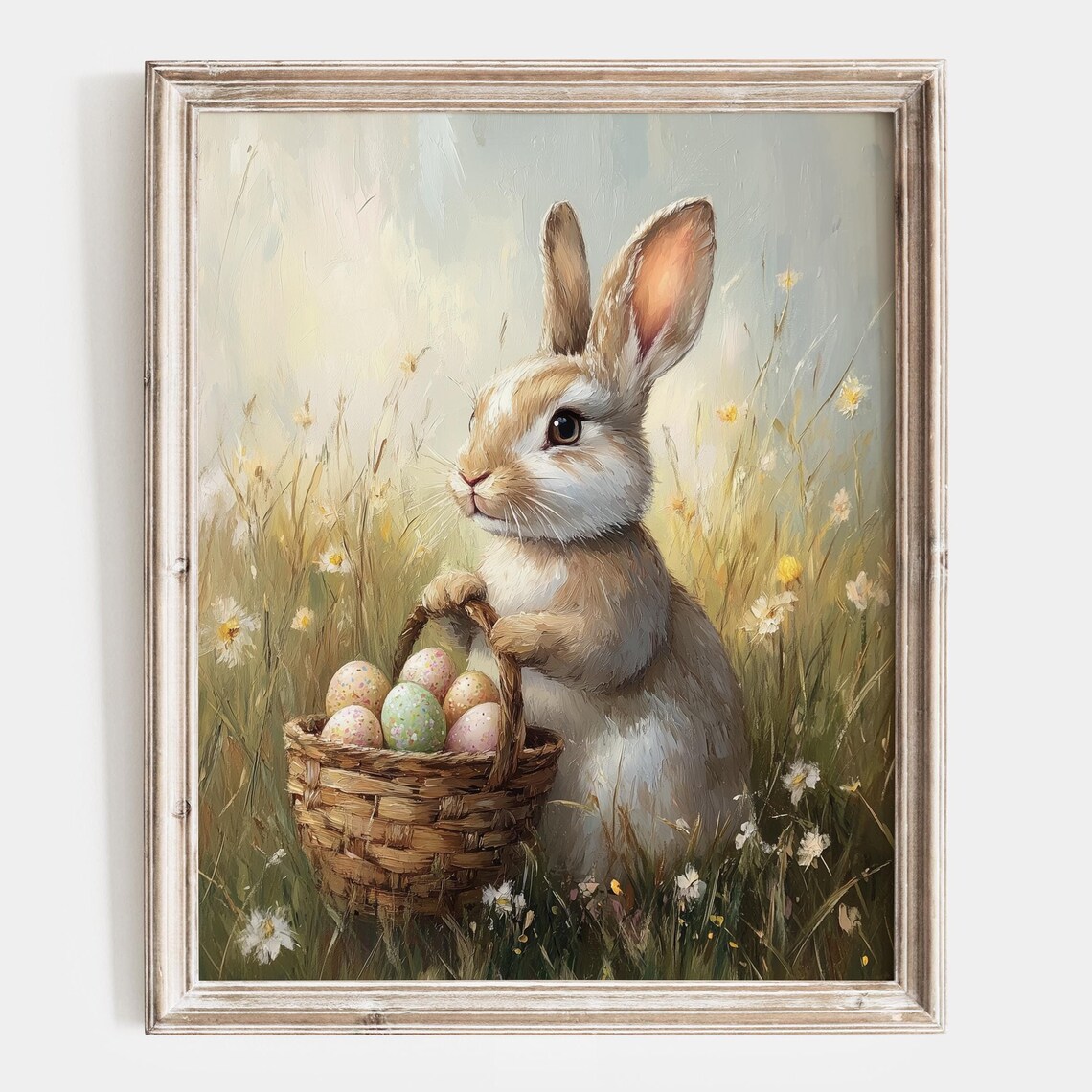 Bunny Carrying A Wicker Basket Of Easter Eggs Through A Meadow Poster