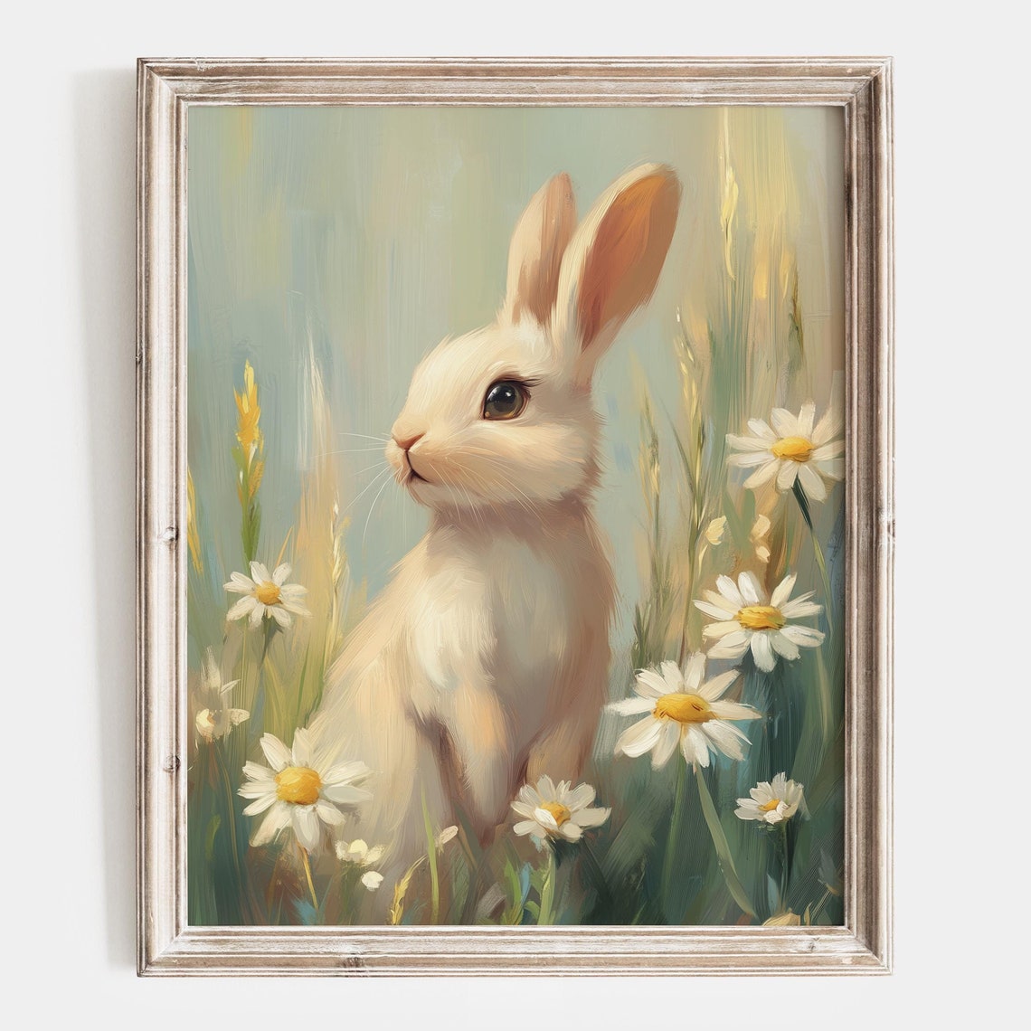 White Bunny Standing Tall Among Daisies In A Spring Meadow Poster