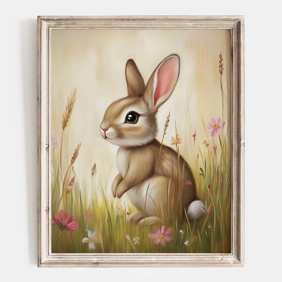 Bunny Sitting In A Flower Filled Meadow Side Profile Spring Poster