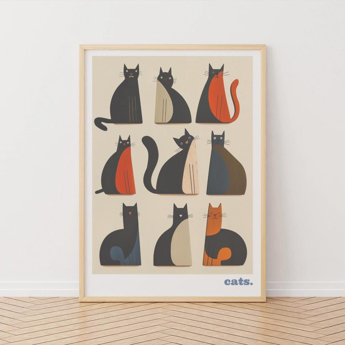 Nine Retro Illustrated Cats Grid Minimalist Feline Art Print
