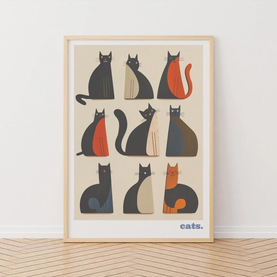 Nine Retro Illustrated Cats Grid Minimalist Feline Art Print