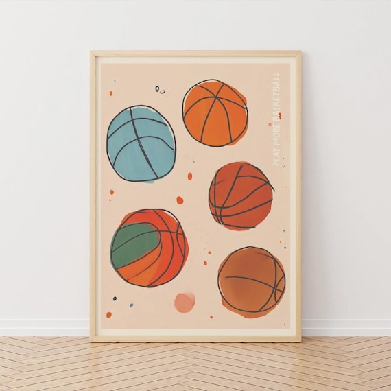Colorful Basketballs Play More Basketball Modern Sports Kids Room Art Poster