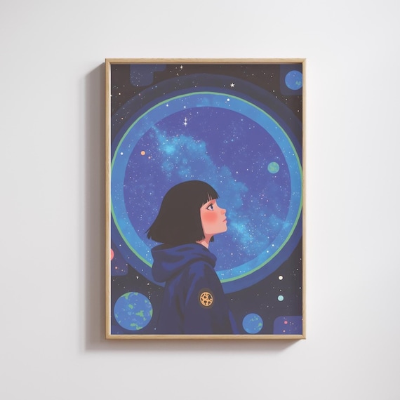 Anime Girl Gazing At Blue Galaxy Cosmic Window Sci Fi Art Print