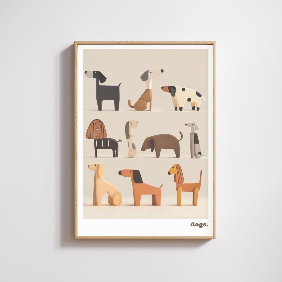 Minimalist Retro Wooden Dog Figurines Nine Cute Dogs Art Print