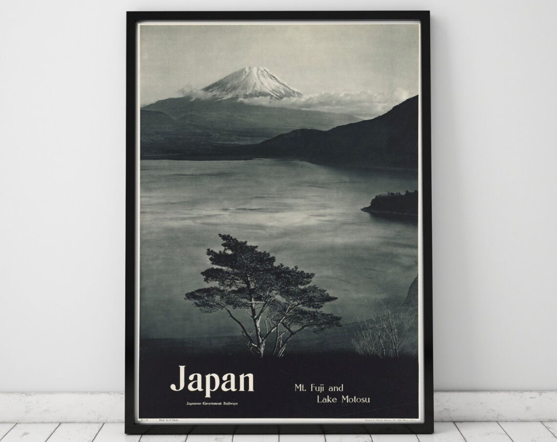 Mt Fuji And Lake Motosu Japan Black And White Vintage Railways Poster