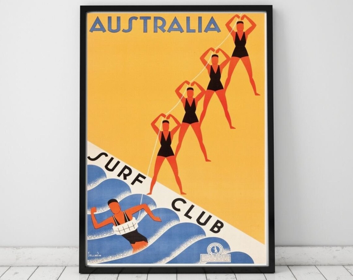Australia Surf Club Retro Swimmers Vintage Beach Travel Poster