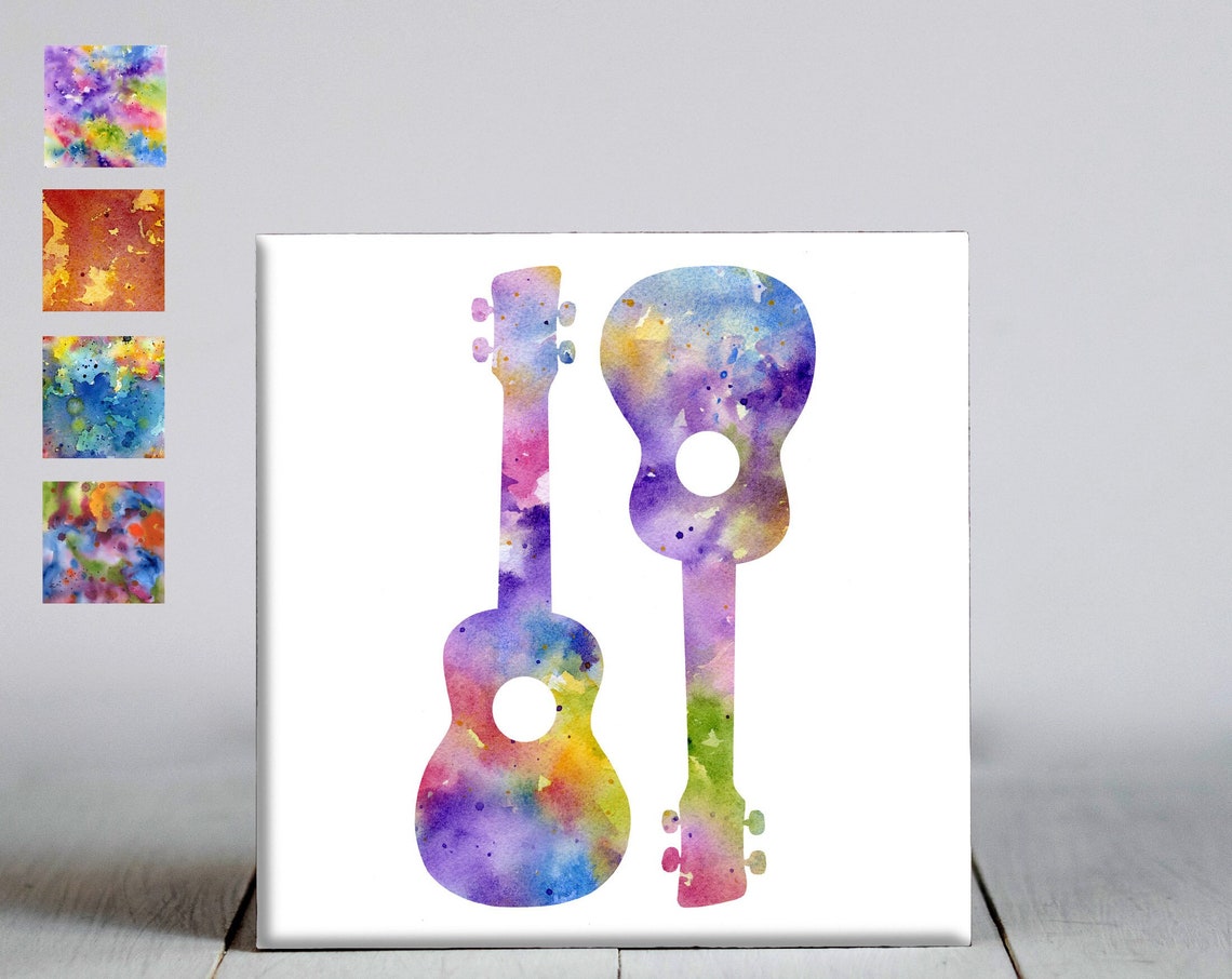 Rainbow Watercolor Ukulele Duo Decorative Ceramic Tile Wall Art