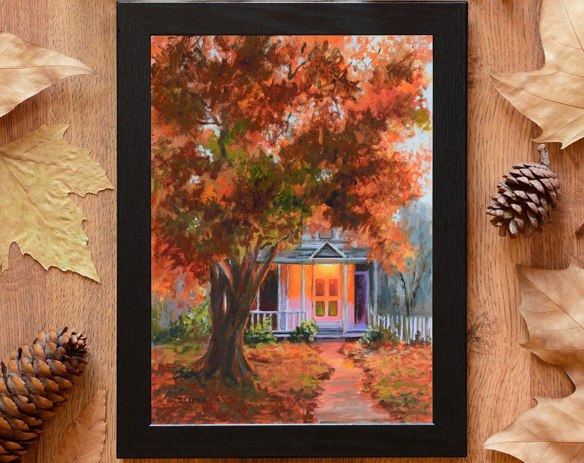 Cozy Little Autumn Cottage Glowing Warmly at Dusk Among Trees Poster