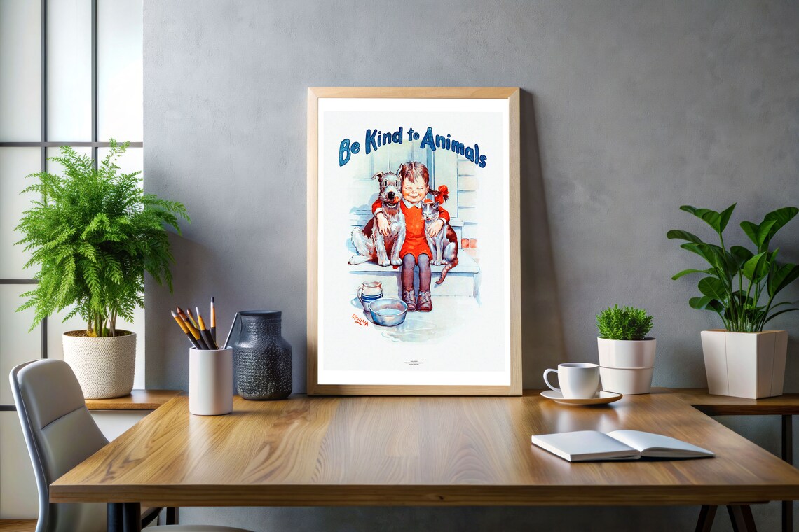 Be Kind to Animals Vintage Girl With Dog and Cat Illustration Poster - Image 3