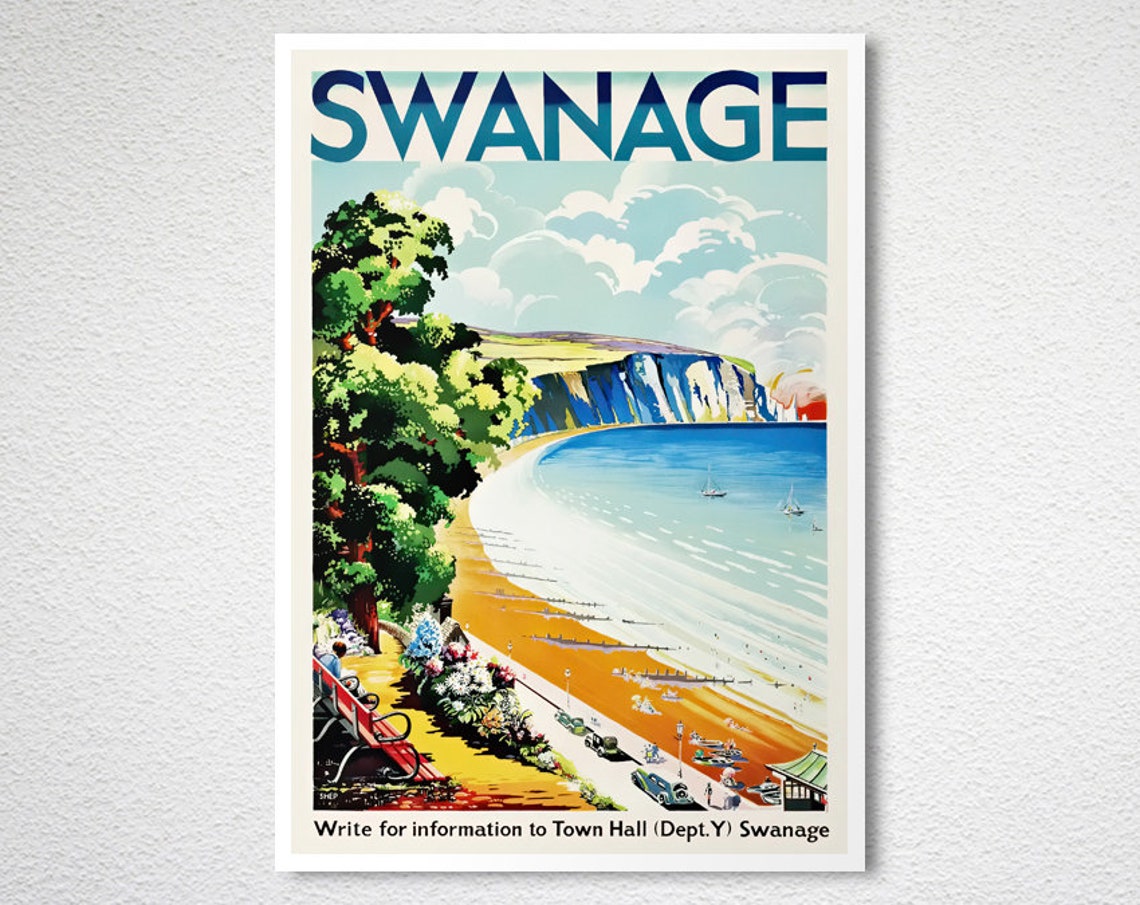 Swanage England Vintage Seaside Beach and Cliffs Holiday Poster - Image 2