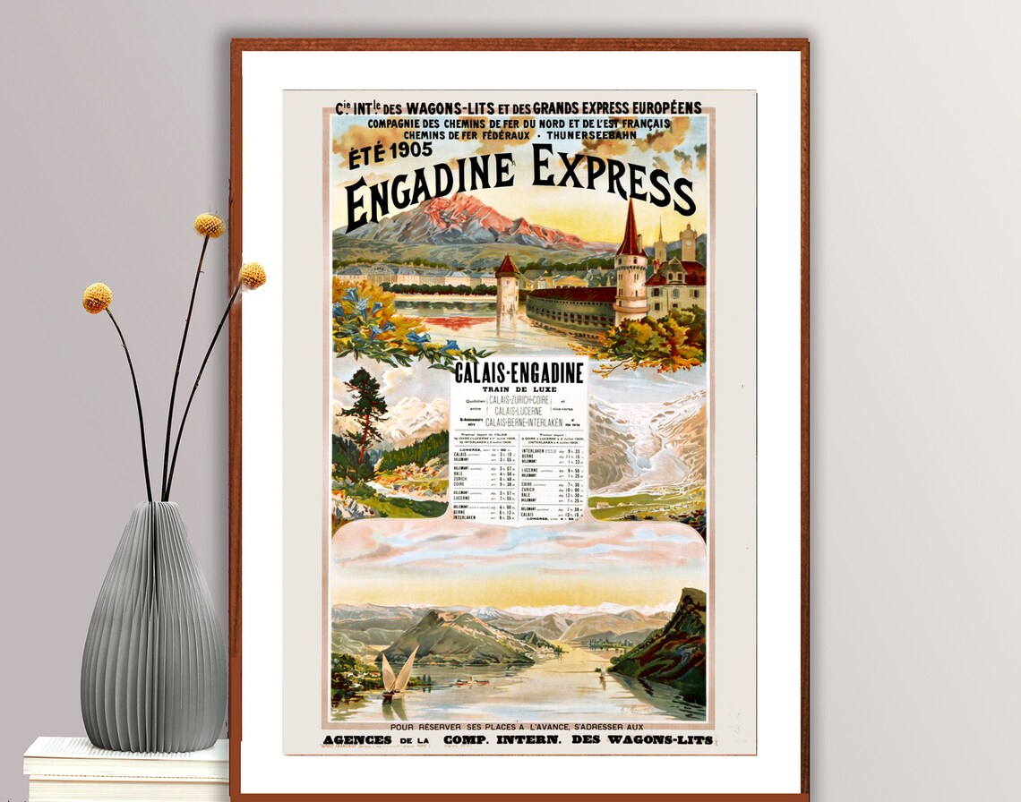 Engadine Express 1905 Vintage Swiss Alpine Train Travel Poster