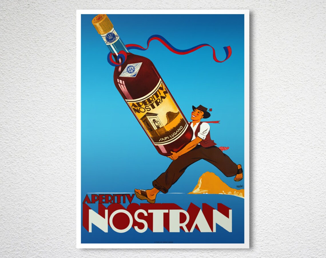 Aperitiv Nostran Vintage Italian Poster Man Carrying Giant Wine Bottle - Image 2