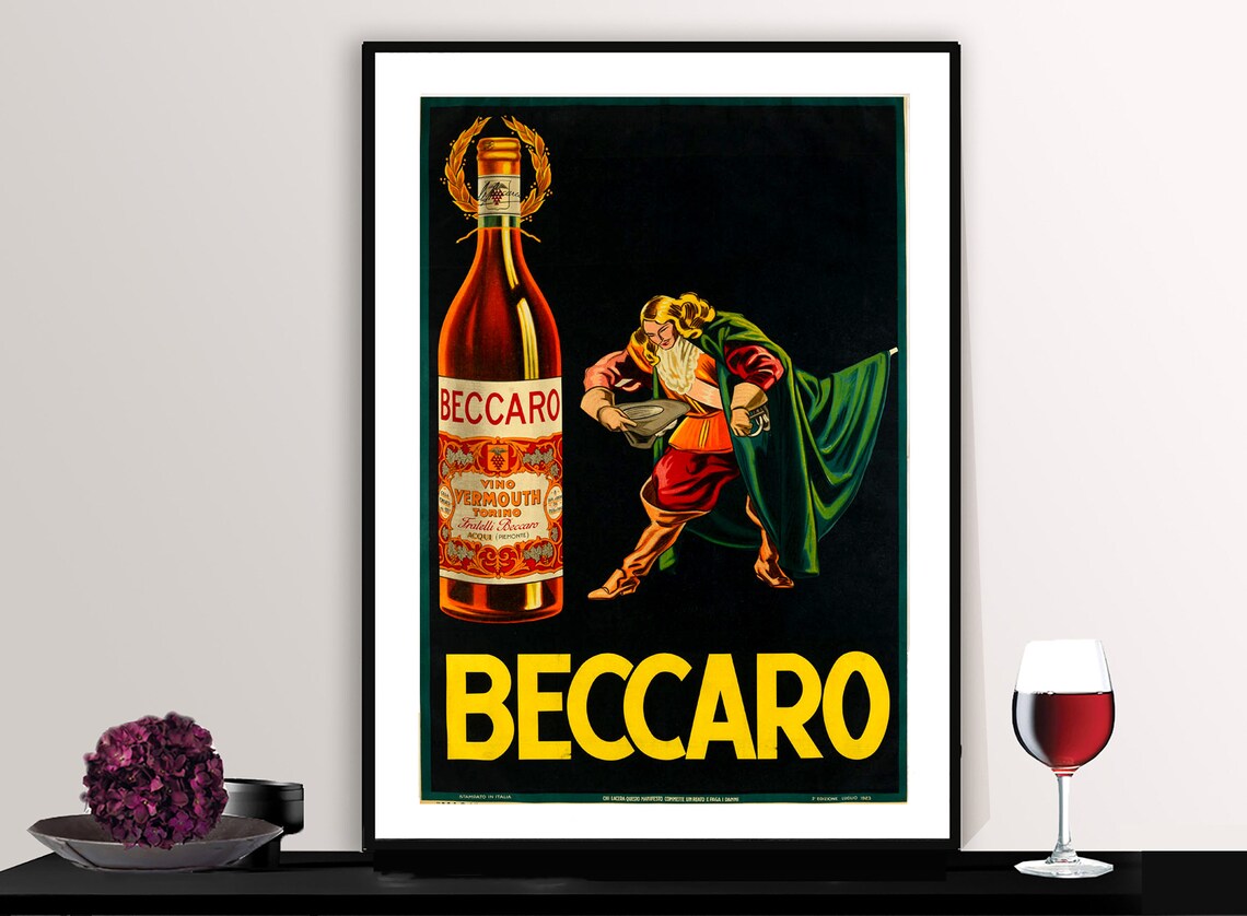Beccaro Vermouth Musketeer Bowing Giant Bottle Vintage Ad Poster