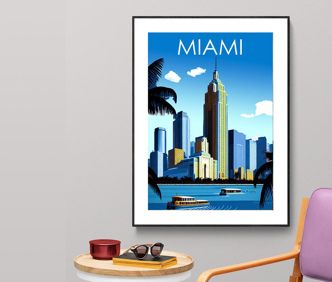 Miami Florida Skyline Palms Art Deco Style Vintage City Travel Poster - Image 2