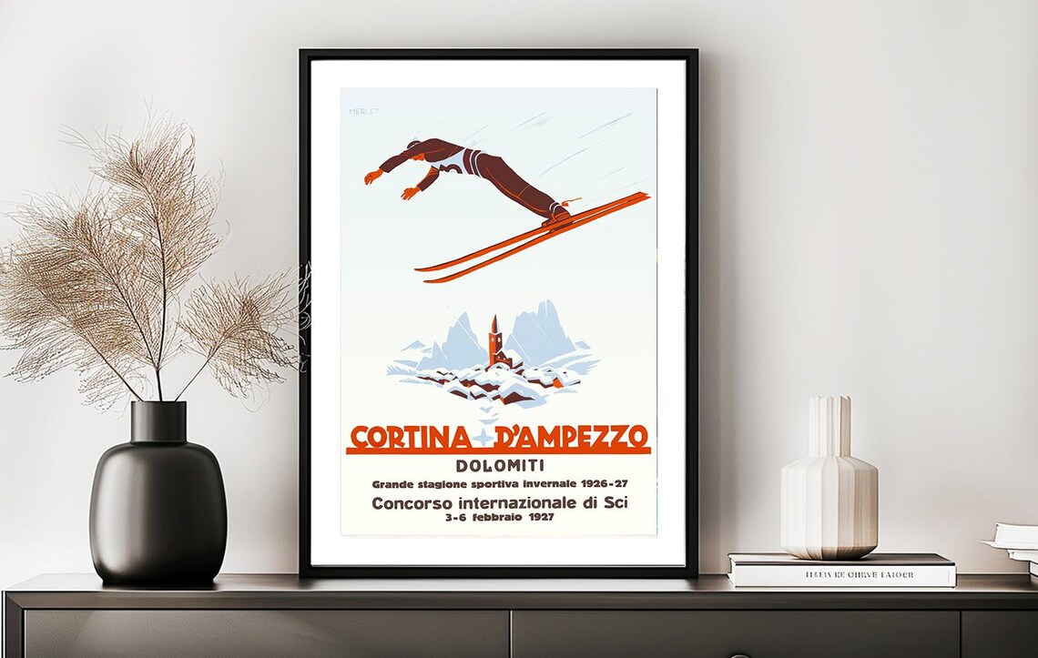 Cortina Dampezzo Dolomiti Vintage Ski Travel Poster