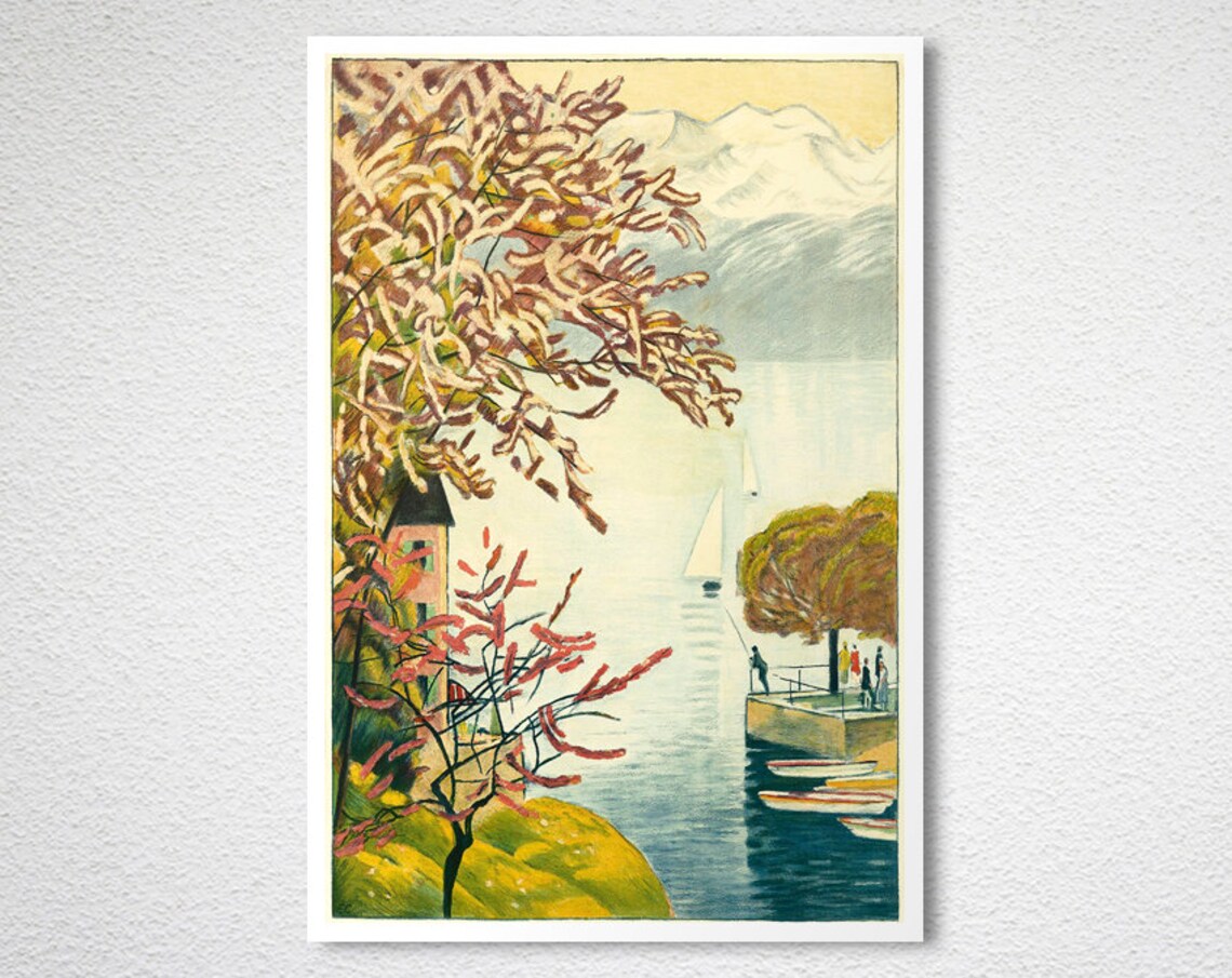 Spring Blossom Lakeside Sailboat Vintage Landscape Art Poster - Image 2