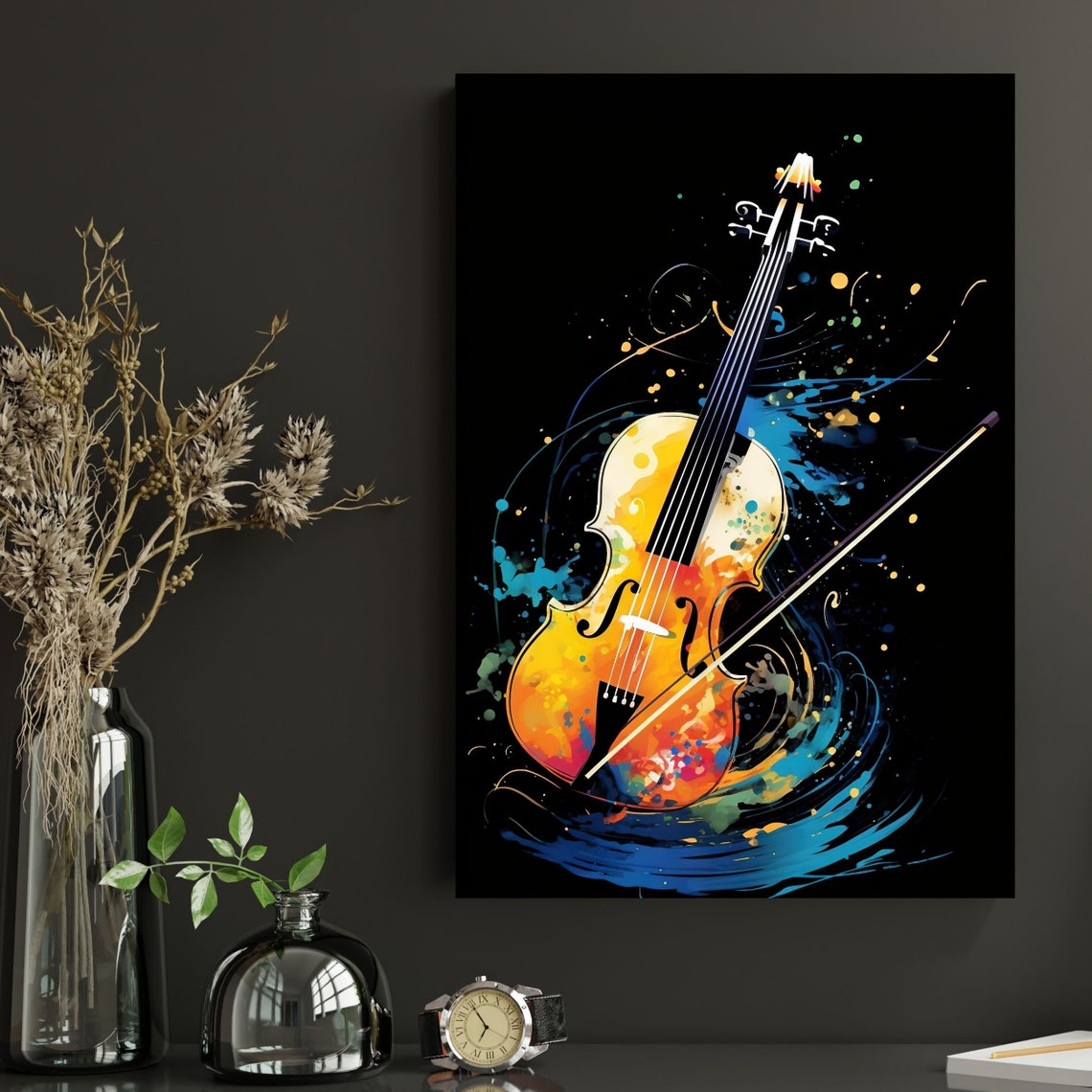 Violin and Bow Watercolor Splash Black Background Music Poster - Image 3