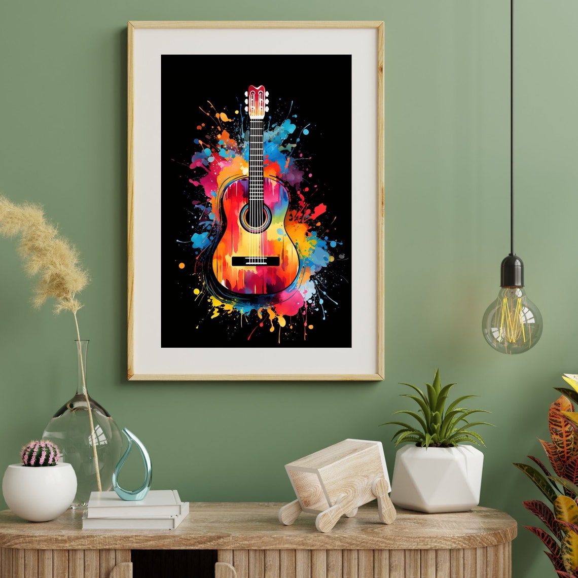 Acoustic Guitar Watercolor Splash Rainbow Black Background Poster - Image 3