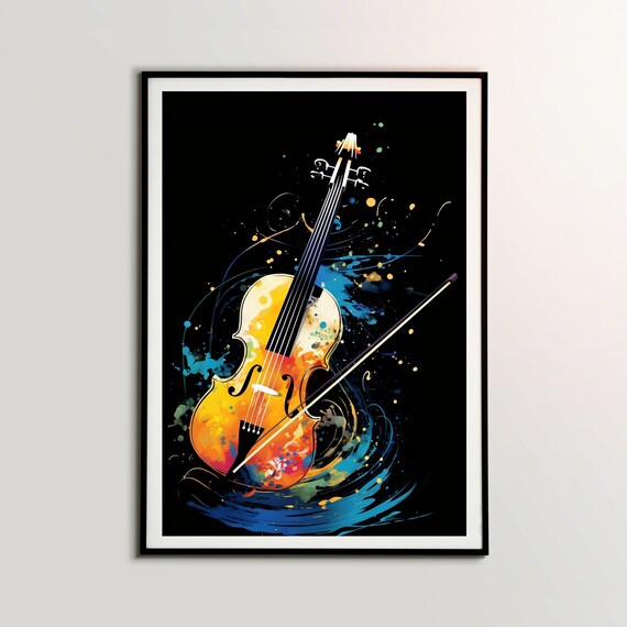 Violin and Bow Watercolor Splash Black Background Music Poster
