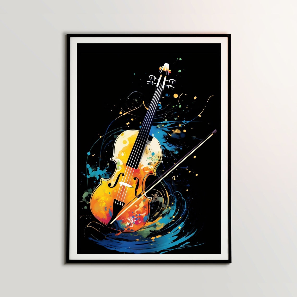 Violin and Bow Watercolor Splash Black Background Music Poster
