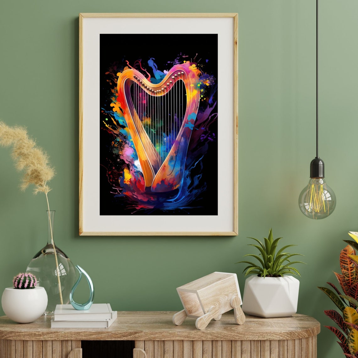 Colorful Harp Curve Watercolor Splash Black Background Music Poster - Image 2