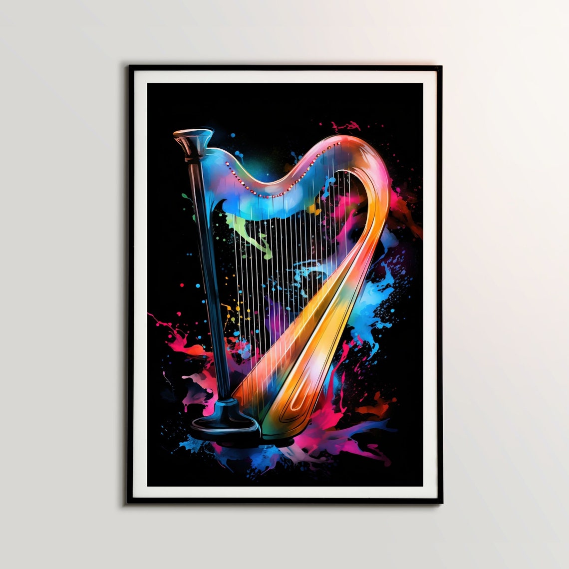 Colorful Standing Harp Watercolor Splash Black Background Poster