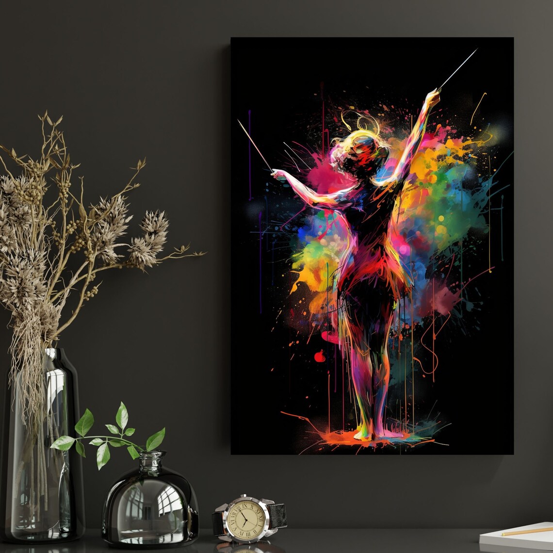 Female Orchestra Conductor Baton Watercolor Splash Music Poster - Image 2