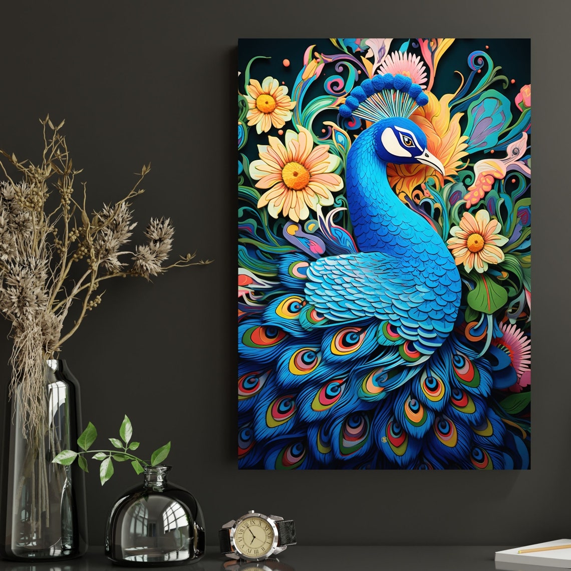 Peacock Bird Floral Fantasy Colorful Tropical Flower Art Poster - Image 2