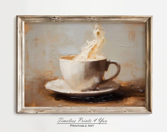 Steaming Coffee Cup Impasto Oil Painting Warm Kitchen Art Print