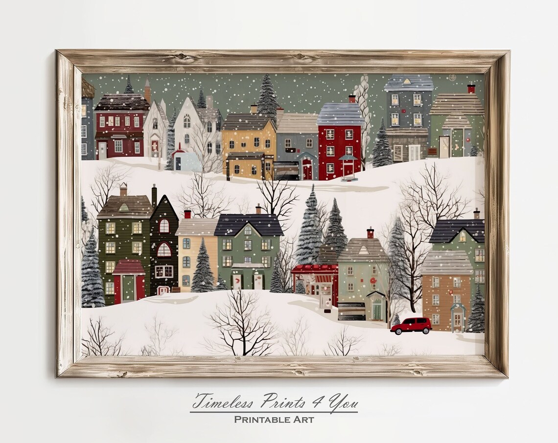 Winter Village Vintage Scene Art Print, Country House