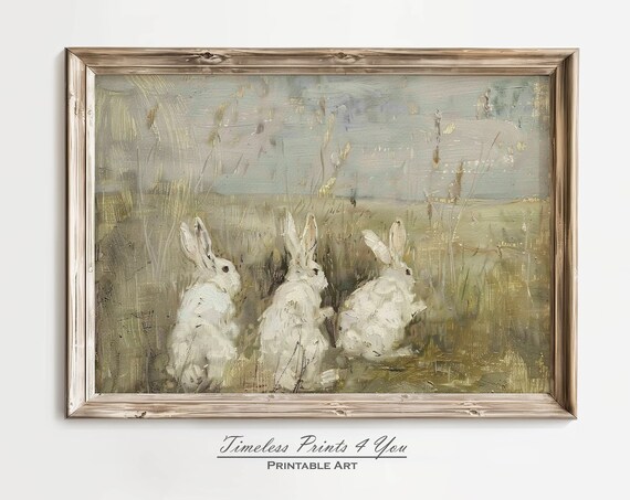 Three White Rabbits Meadow Soft Vintage Oil Painting Nature Poster