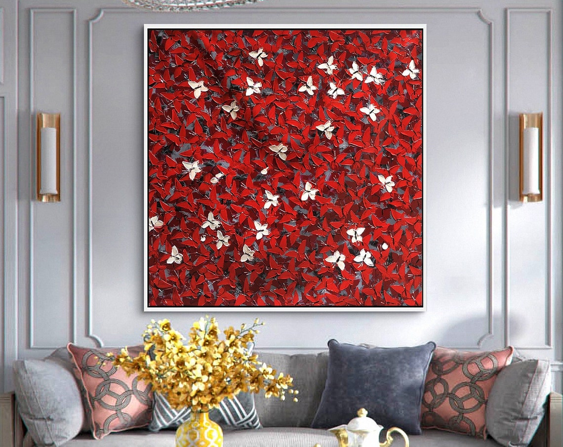 Red White Butterfly Swarm Abstract Impasto Texture Square Poster