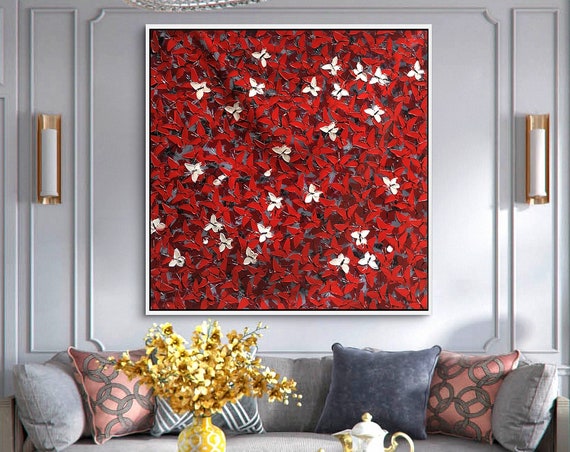 Large Wall Art Original Oil Painting Abstract Red White Butterfly Painting On Art Textured Art Palette Knife Acrylic Painting