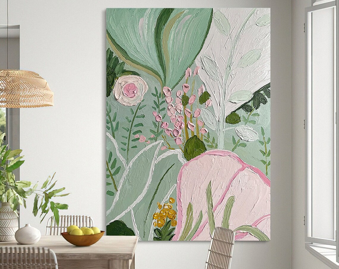 Sage Green Botanical Pink Flowers Modern Botanical Art Poster