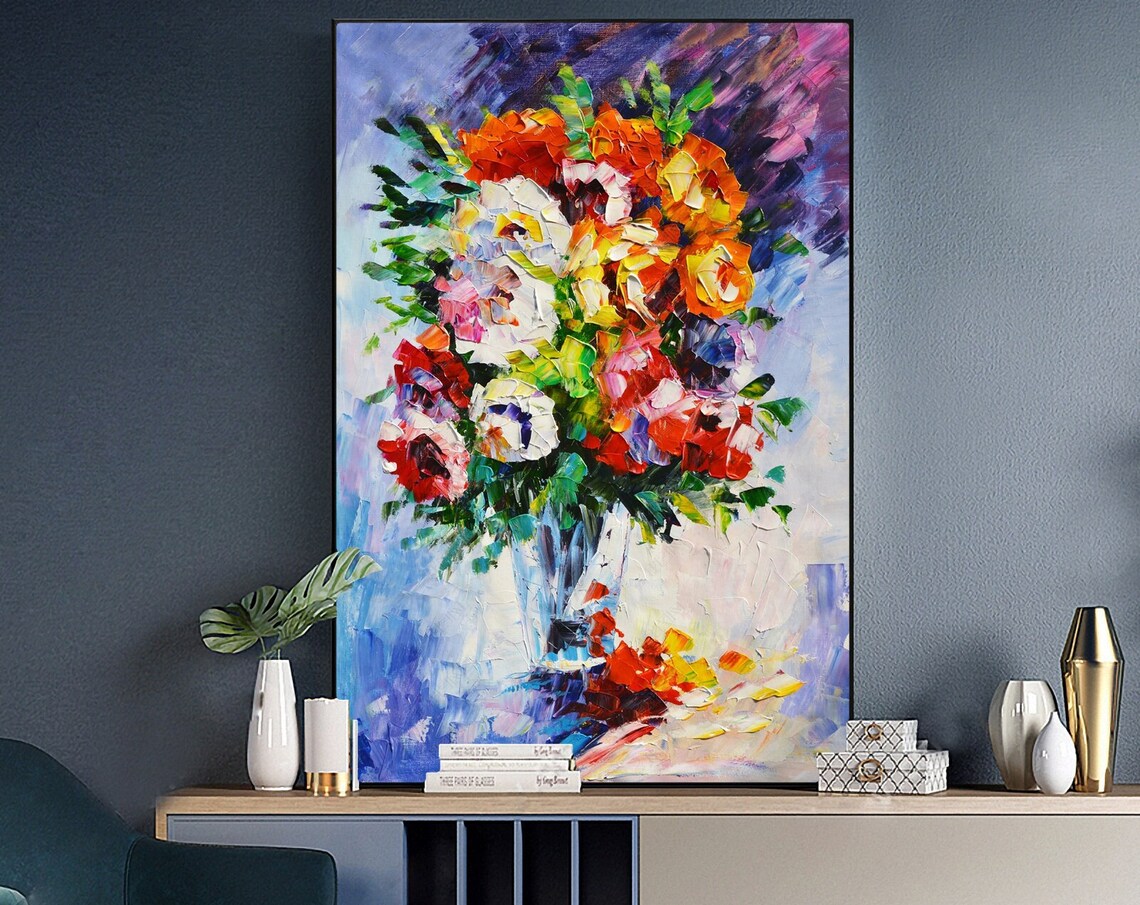 Colorful Flower Bouquet Vase Impasto Modern Floral Oil Painting Poster