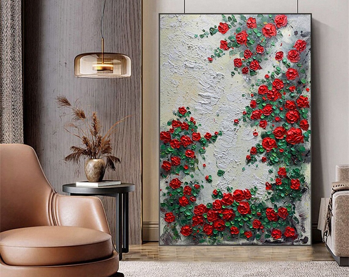 Classic Red Rose Bush Blooming Flowers On White Textured Art Poster