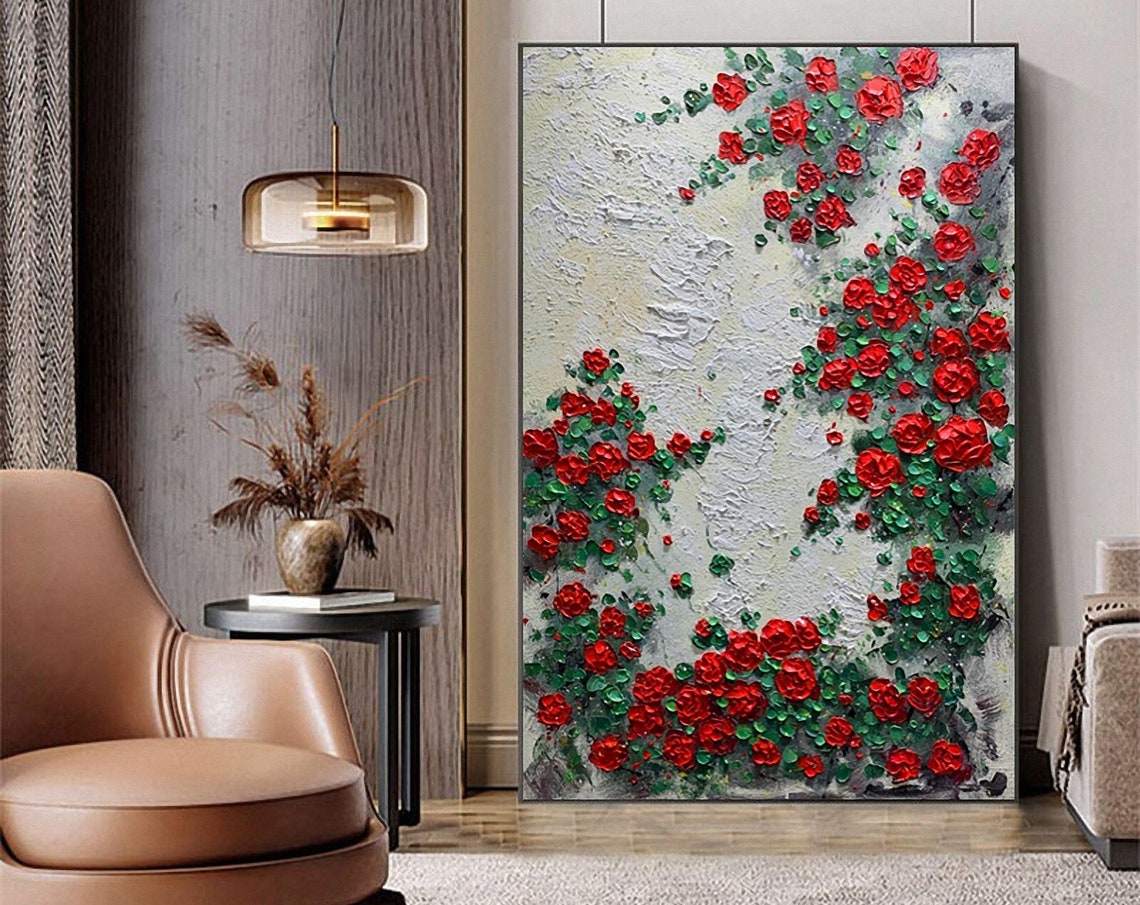 Large 3d Red Rose Flower Oil Painting On Abstract Floral Wall Art Living Room Wall Decor Palette Knife Painting Impasto Oil Painting