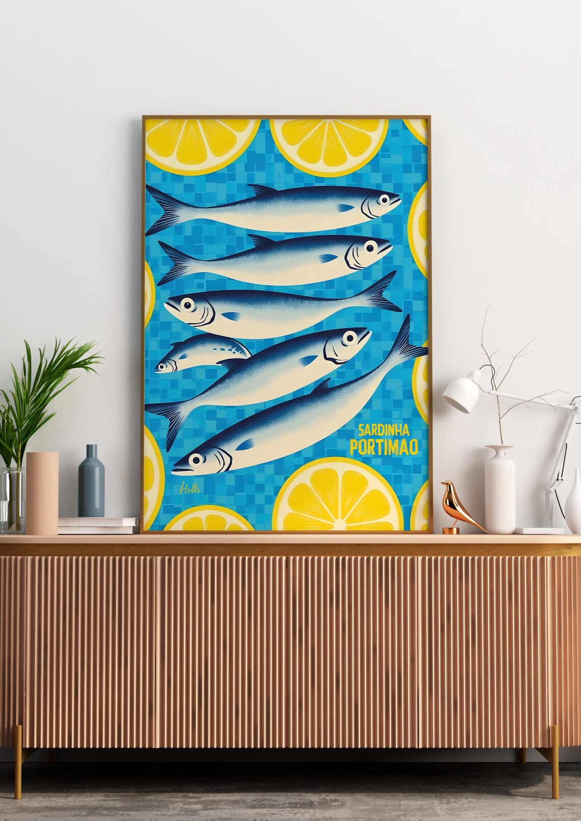 Retro Sardines Blue Coffee Mosaic Style Poster Fish And Lemon Slices File Default A3 Size - Image 3