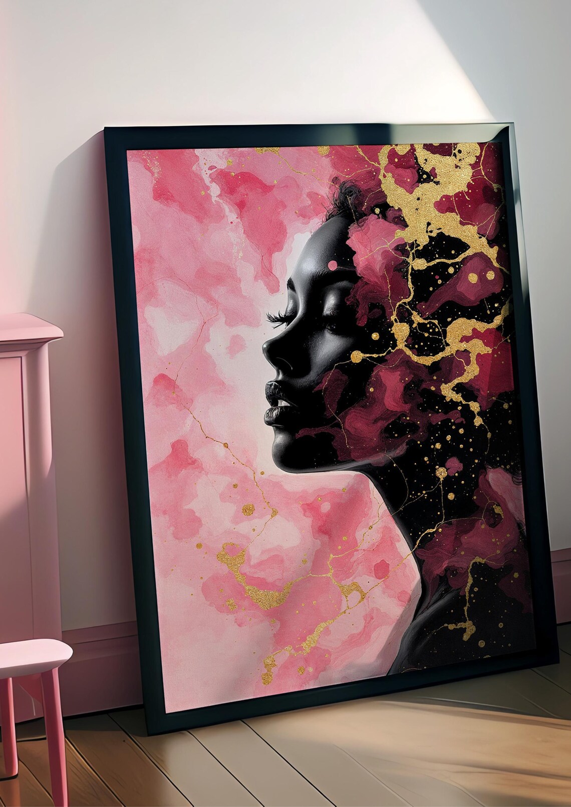 Pink And Gold Ink Abstract Woman Profile Artistic Wall Poster