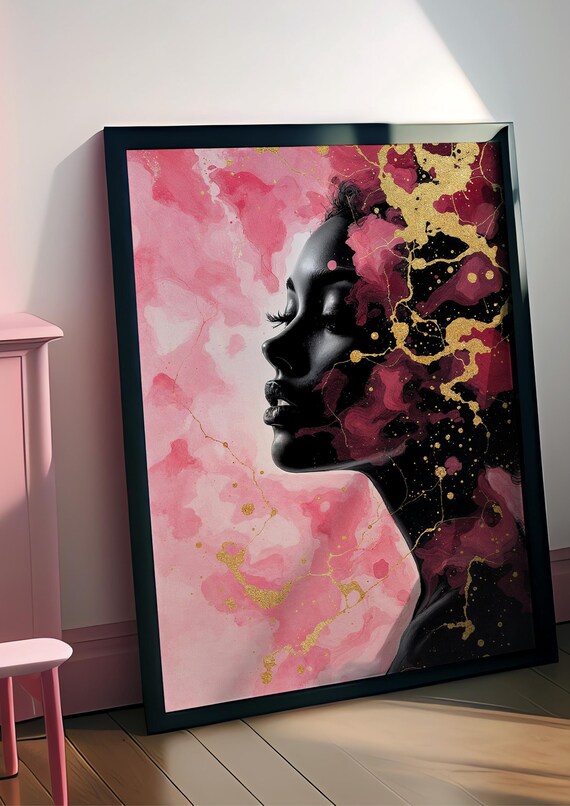 Pink And Gold Ink Abstract Woman Profile Artistic Wall Poster