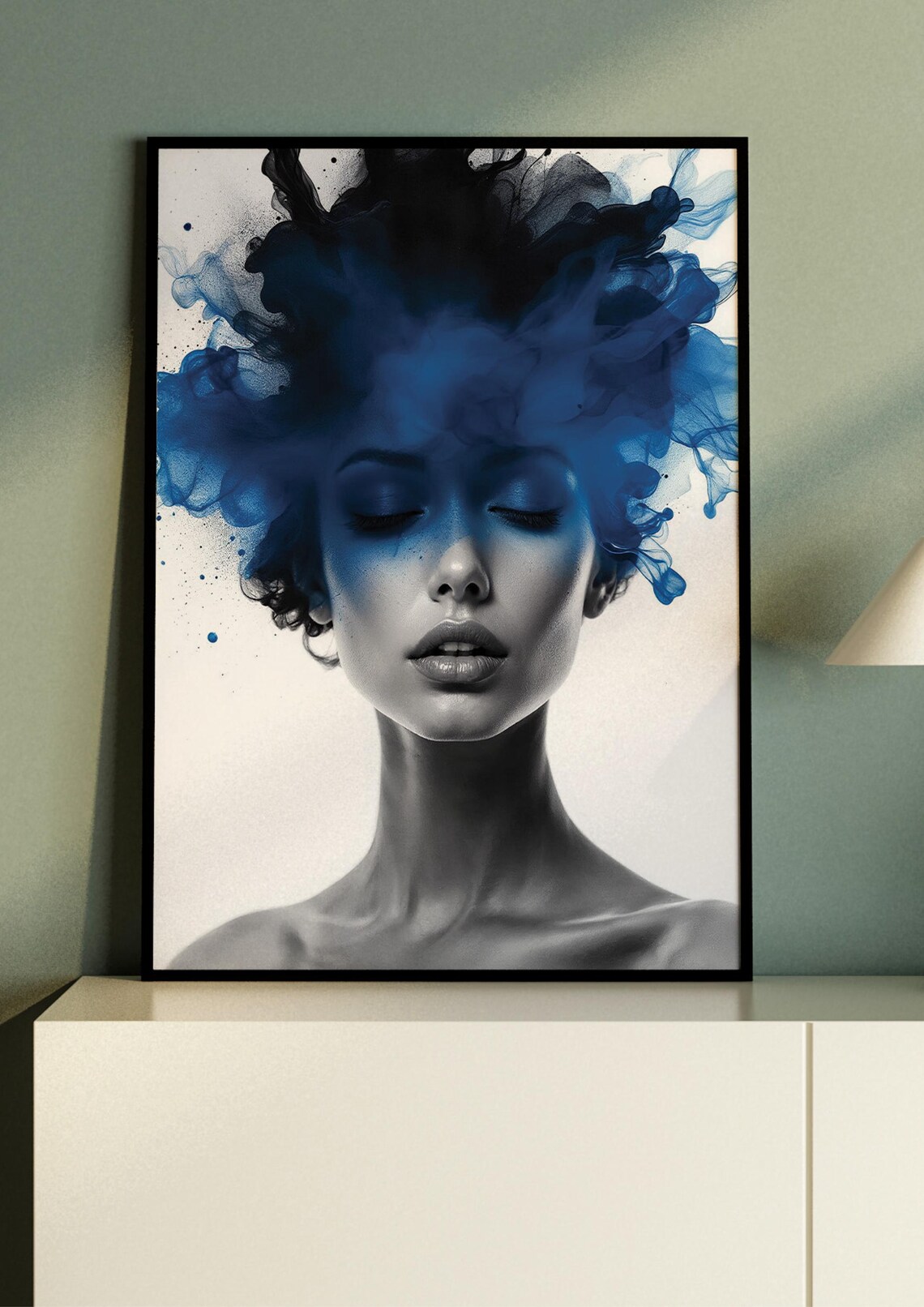 Grayscale Woman Portrait with Blue Ink Smoke Cloud Art Poster - Image 3