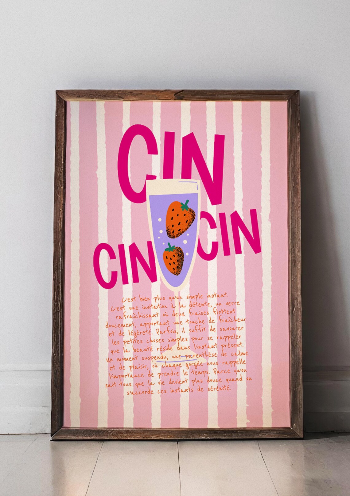 Cin Cin Strawberry Cocktail Pink Striped French Quote Poster