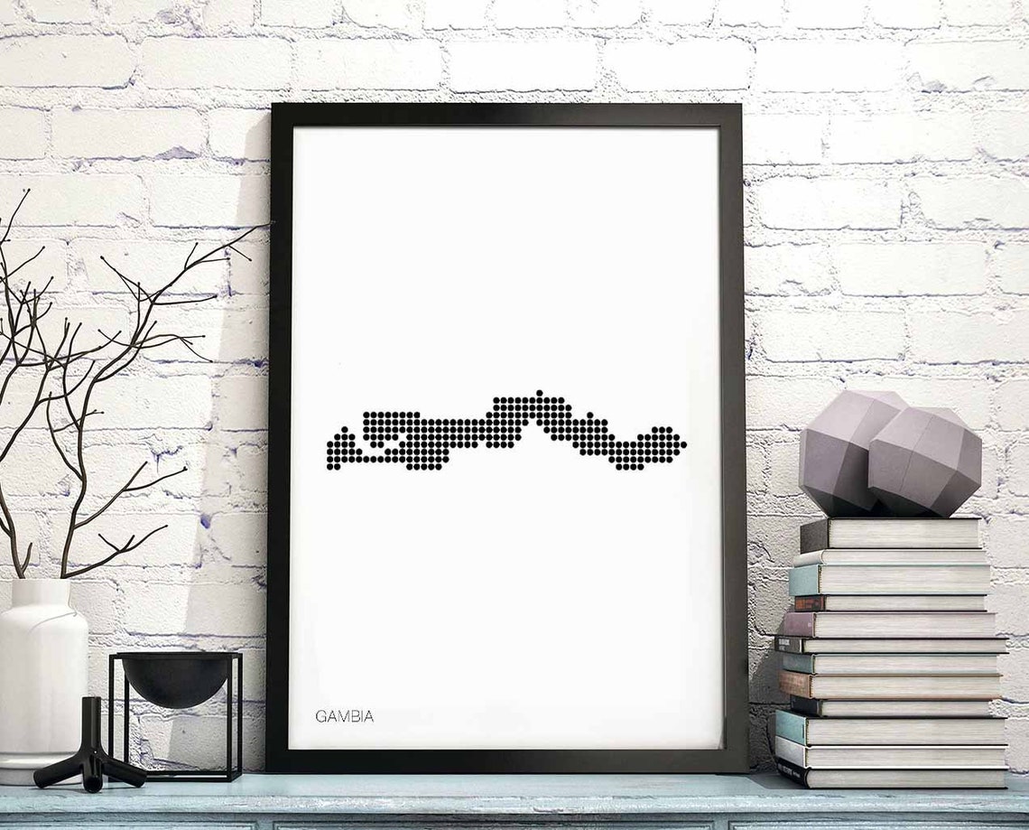 Gambia Dotted Grid Map Black and White Minimalist Wall Poster